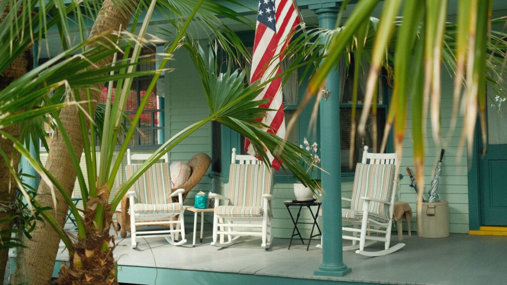 Front porch with American flag